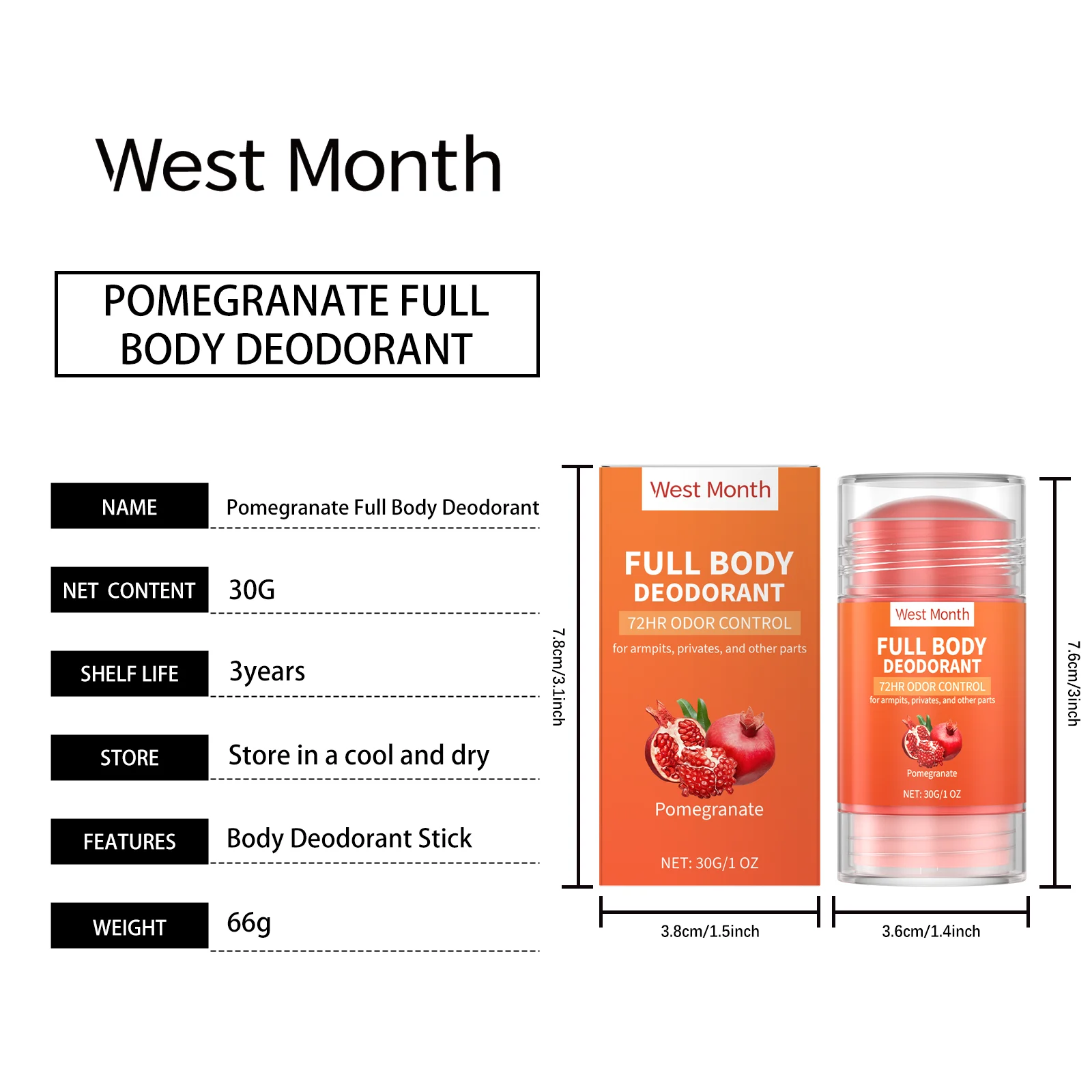 Pomegranate Full Body Deodorant Stick 72HR Odor Control 30g 1 pomegranate full body deodorant stick 30g wes hu3fm52g desc 1