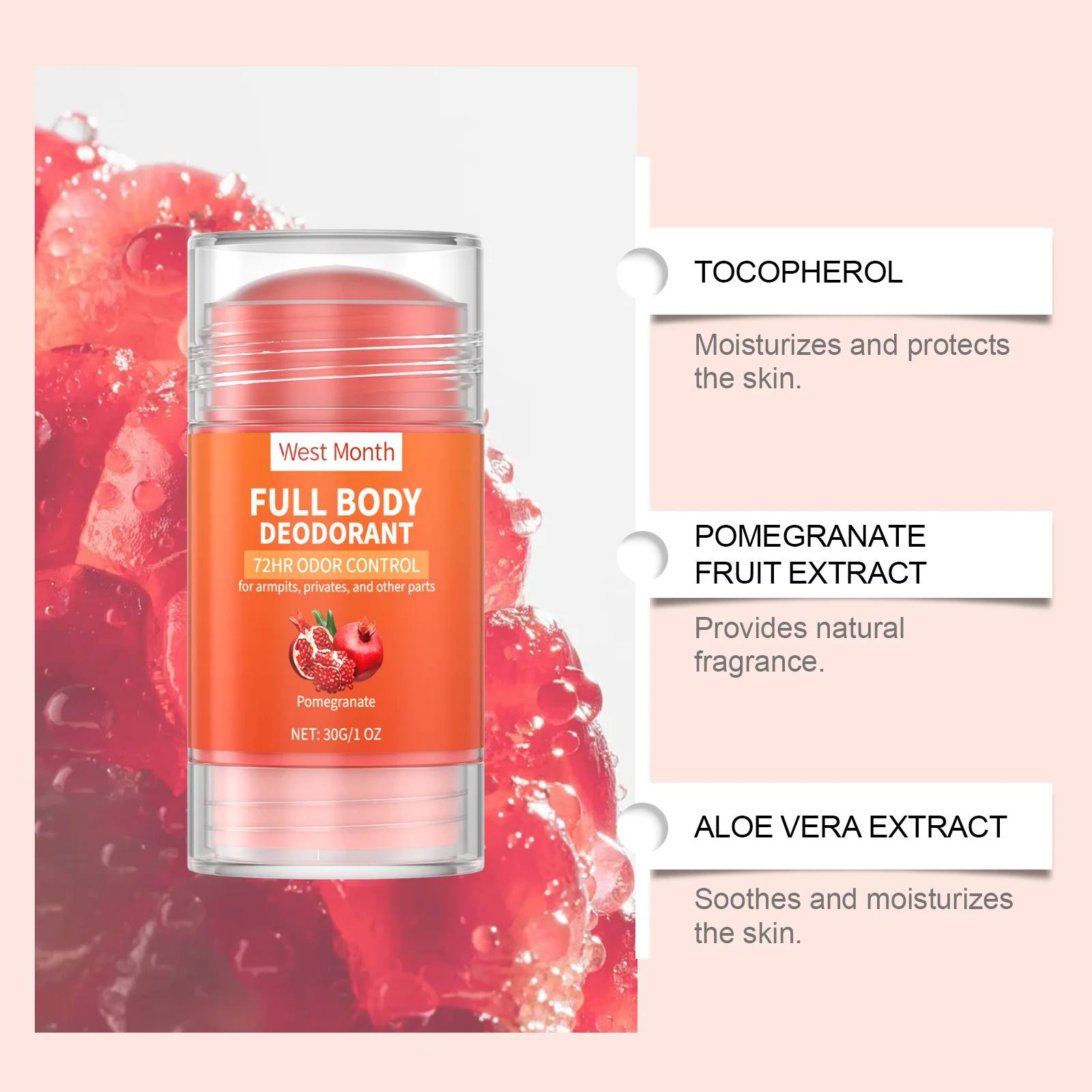 Pomegranate Full Body Deodorant Stick 72HR Odor Control 30g 5 pomegranate full body deodorant stick 30g wes hu3fm52g desc 5
