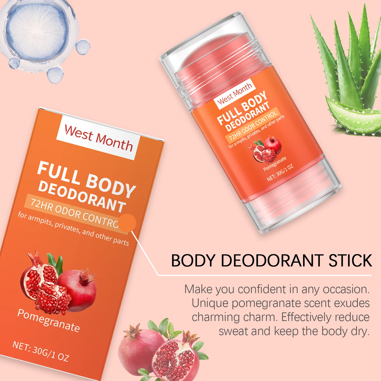 Pomegranate Full Body Deodorant Stick 72HR Odor Control 30g 9 pomegranate full body deodorant stick 30g wes hu3fm52g desc 9