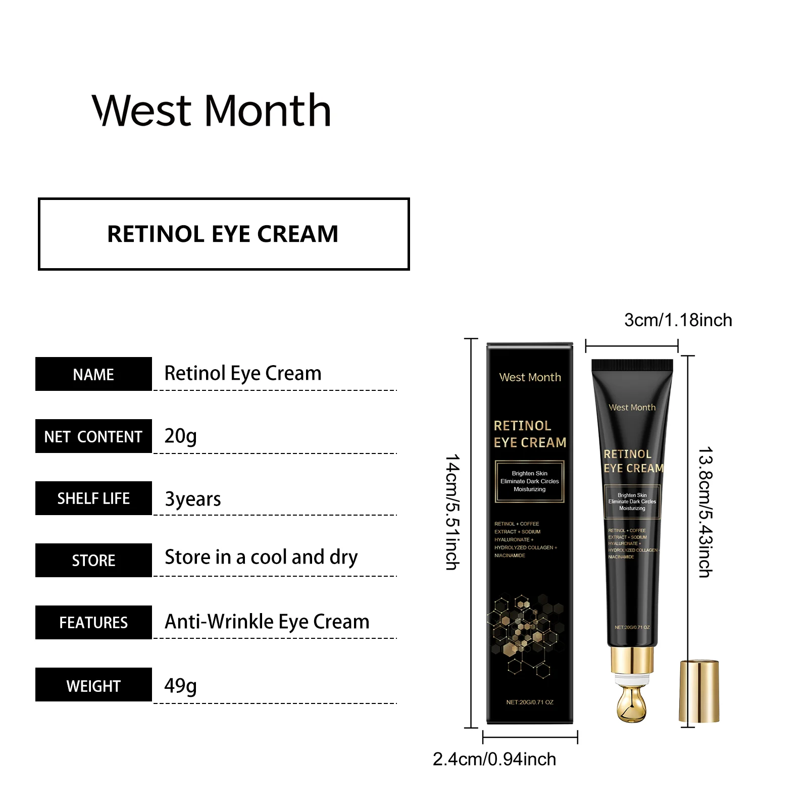 Retinol Eye Cream 20g for Dark Circles, Wrinkles & Puffiness with Coffee & Hyaluronic Acid 1 retinol eye cream 20g dark circles wrinkles wes 2mwnu237 desc 1