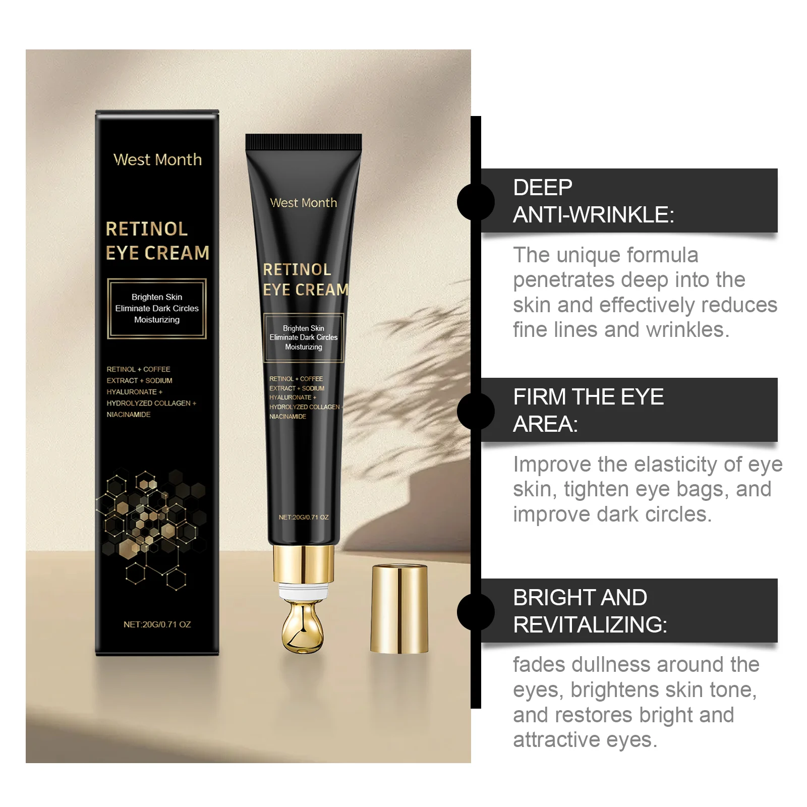 Retinol Eye Cream 20g for Dark Circles, Wrinkles & Puffiness with Coffee & Hyaluronic Acid 6 retinol eye cream 20g dark circles wrinkles wes 2mwnu237 desc 6