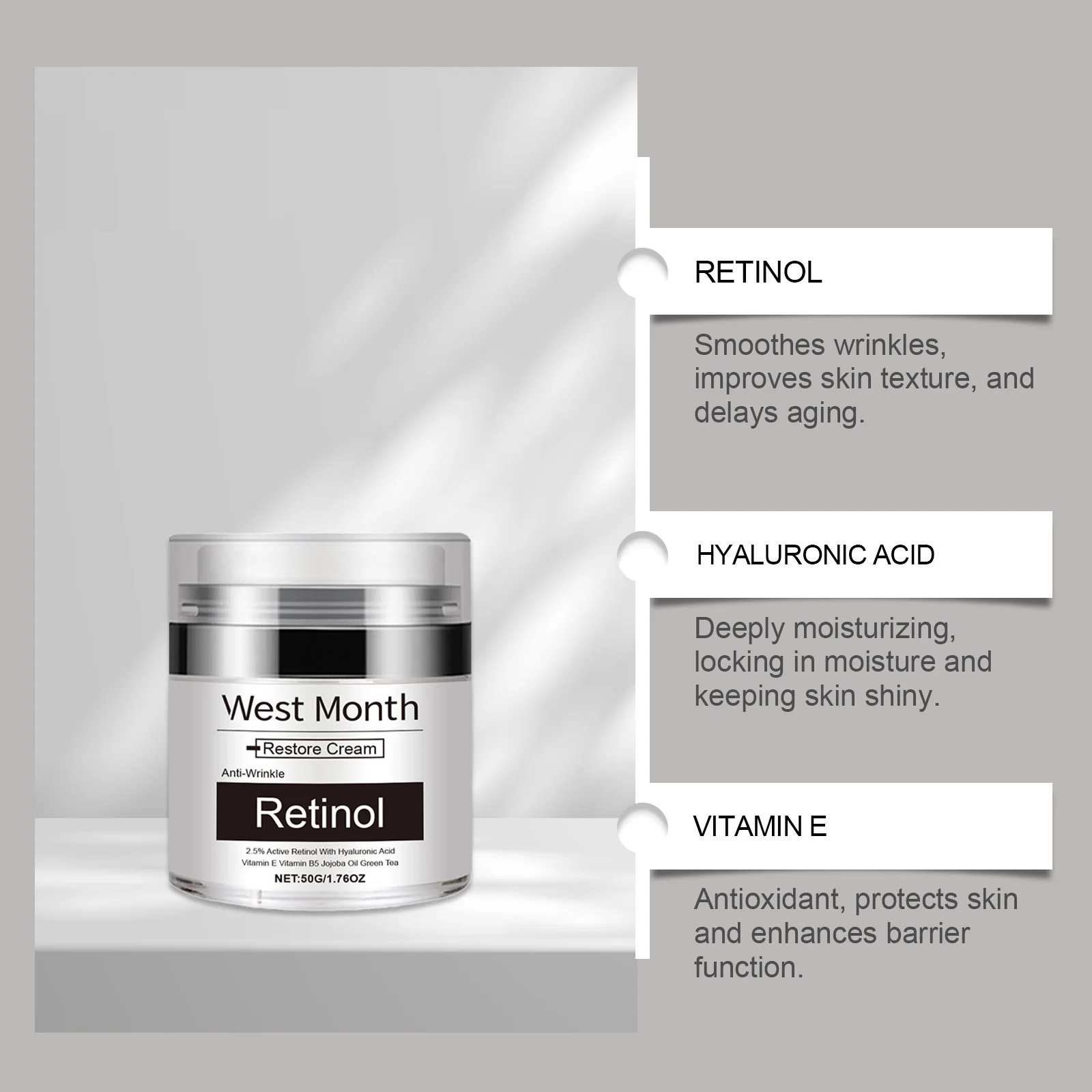 West Month Retinol Restore Cream - Anti-Wrinkle, Moisturizing Face Cream with 2.5% Active Retinol 5 retinol restore face cream wes dxcxsc4j desc 5