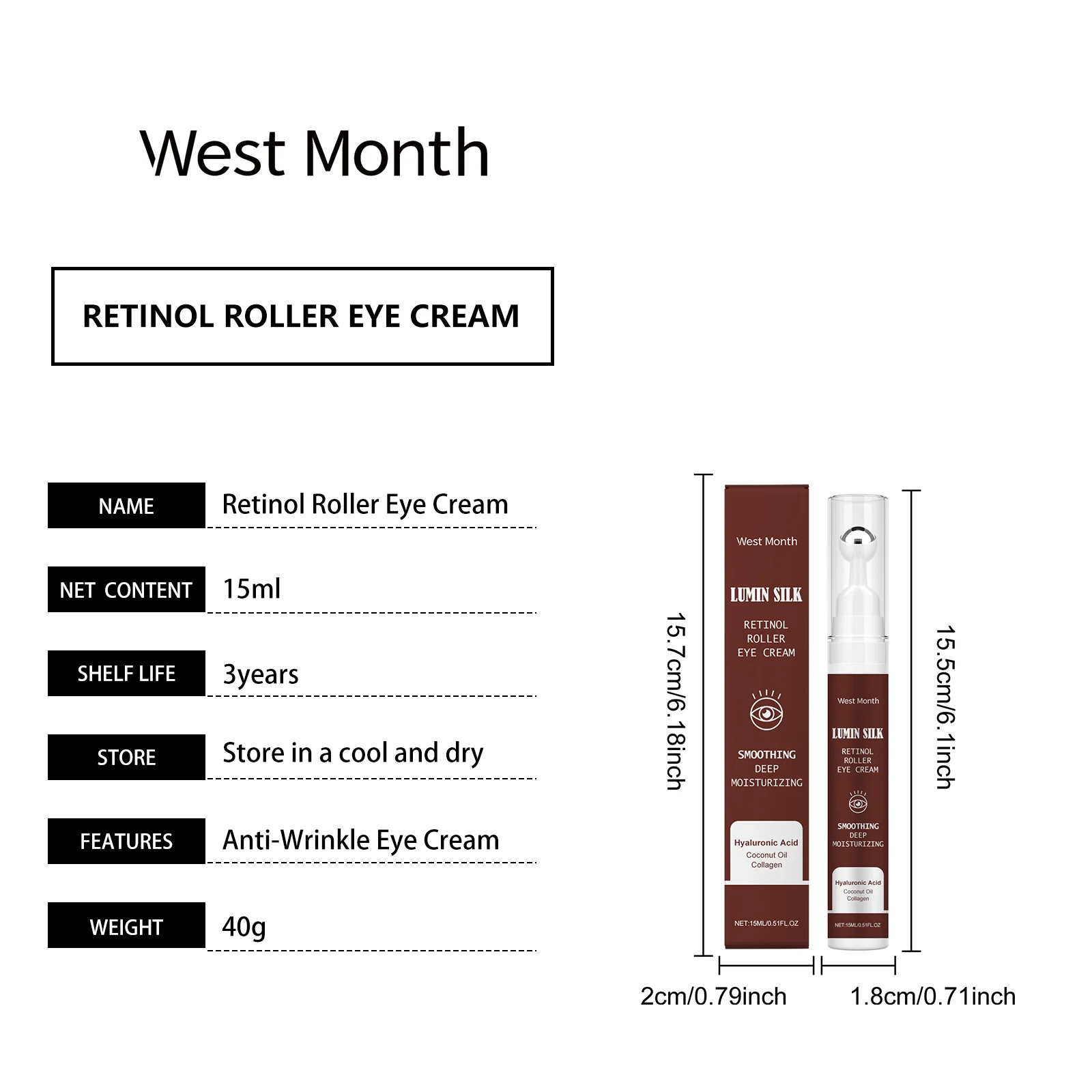 Retinol Eye Cream with Roller 15ml Deep Moisturizing Anti-Wrinkle Dark Circle Treatment 1 retinol roller eye cream 15ml anti wrinkle dark circle treatment wes 8haxq3j5 desc 1