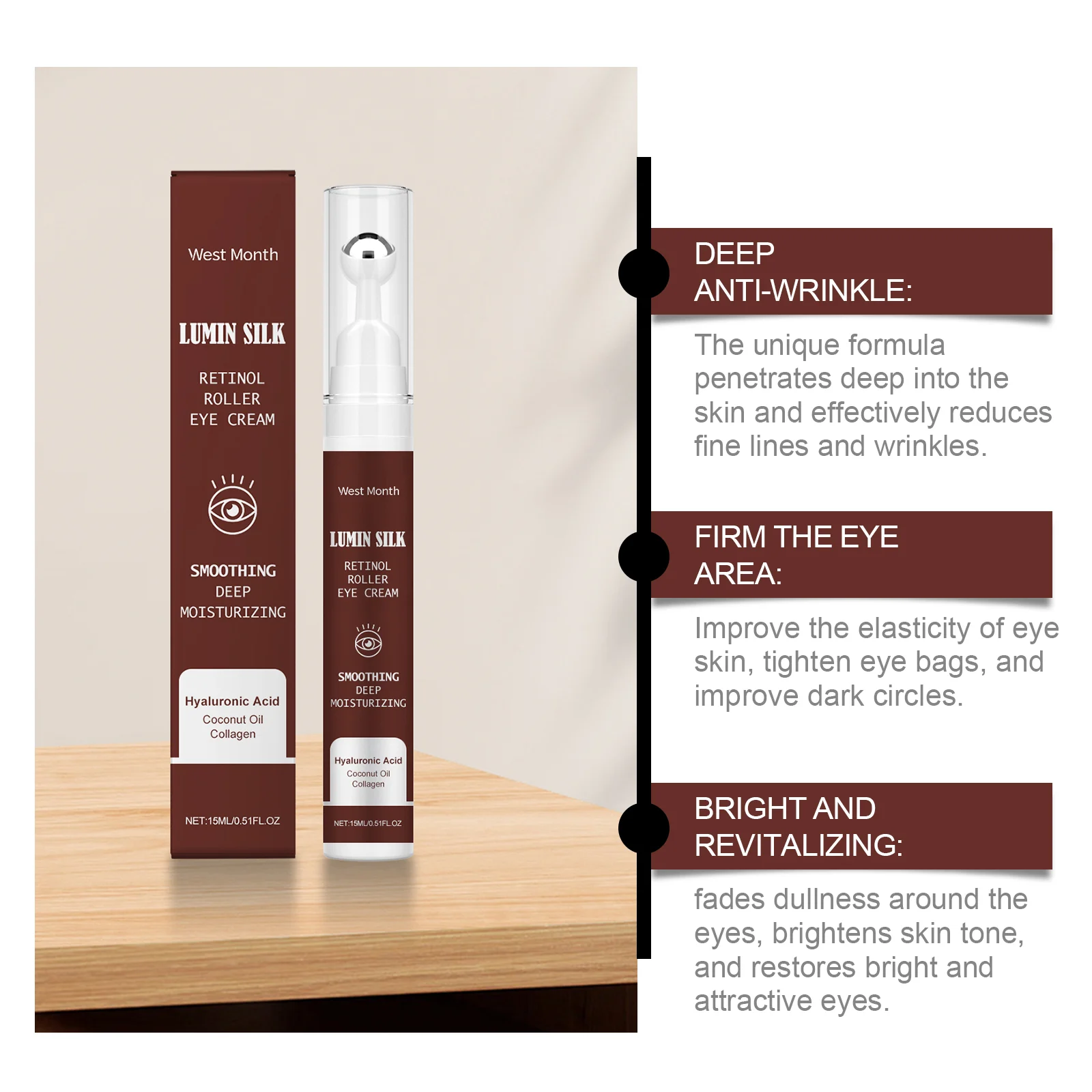Retinol Eye Cream with Roller 15ml Deep Moisturizing Anti-Wrinkle Dark Circle Treatment 5 retinol roller eye cream 15ml anti wrinkle dark circle treatment wes 8haxq3j5 desc 5