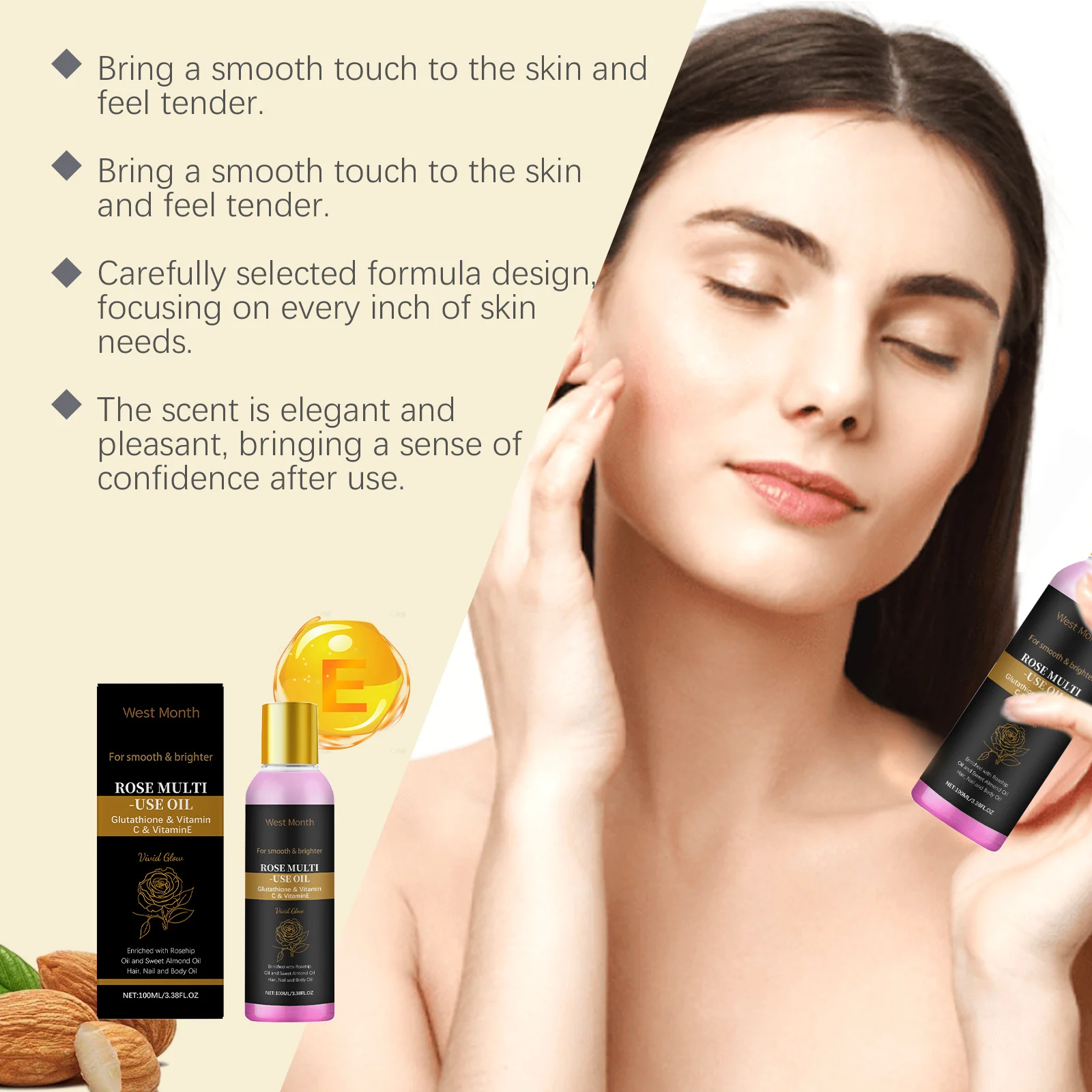 Rose Multi-Use Oil 100ml Nourishing Glow Face Hair Nail Body Moisturizer 7 rose multi use oil 100ml nourishing glow face hair nail body moisturizer wes 49dex4mc desc 7