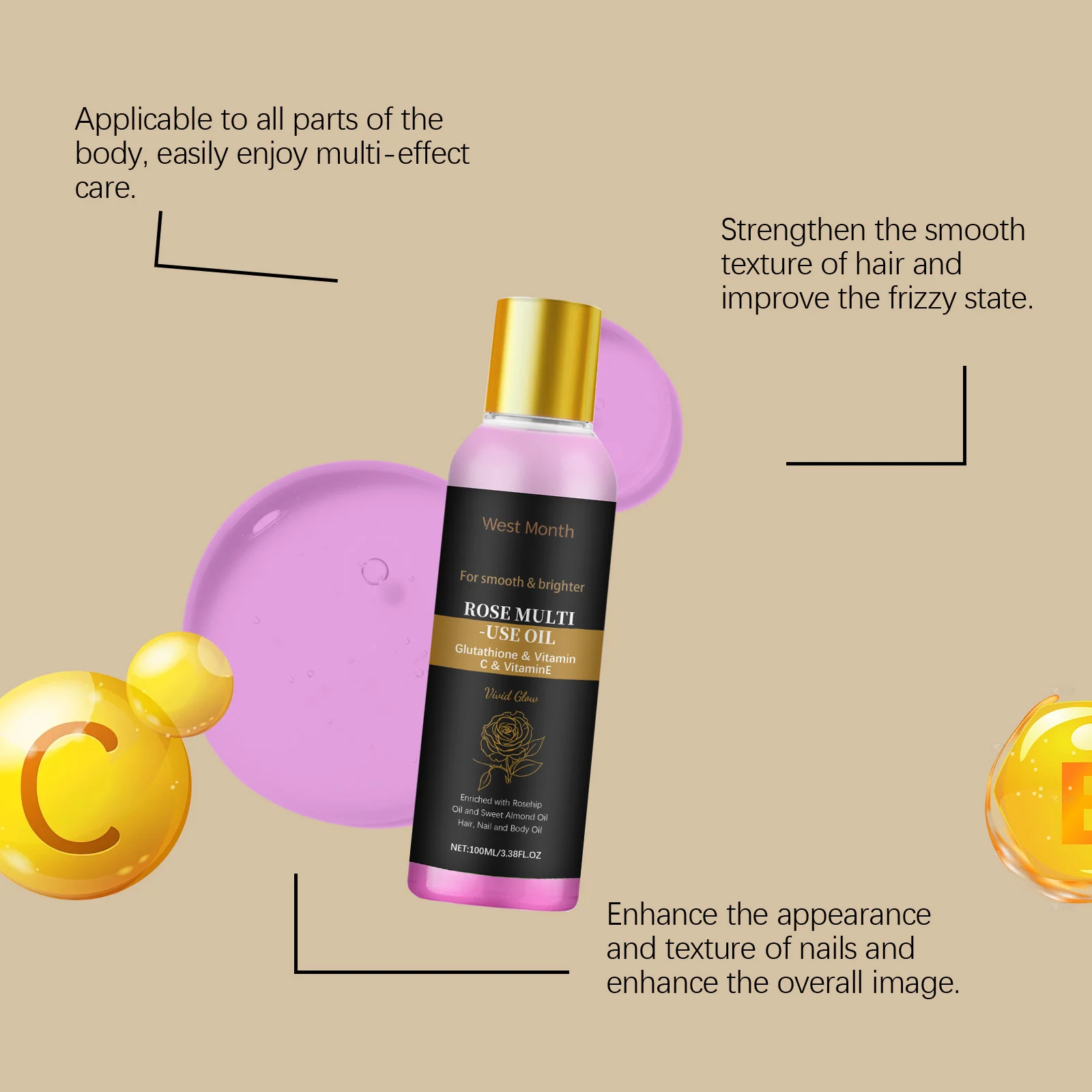 Rose Multi-Use Oil 100ml Nourishing Glow Face Hair Nail Body Moisturizer 8 rose multi use oil 100ml nourishing glow face hair nail body moisturizer wes 49dex4mc desc 8