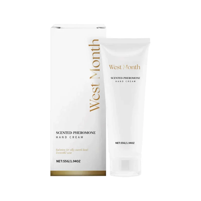 West Month Scented Pheromone Hand Cream in a 55ml tube, featuring Panthenol and Centella Extract for deep moisturization.