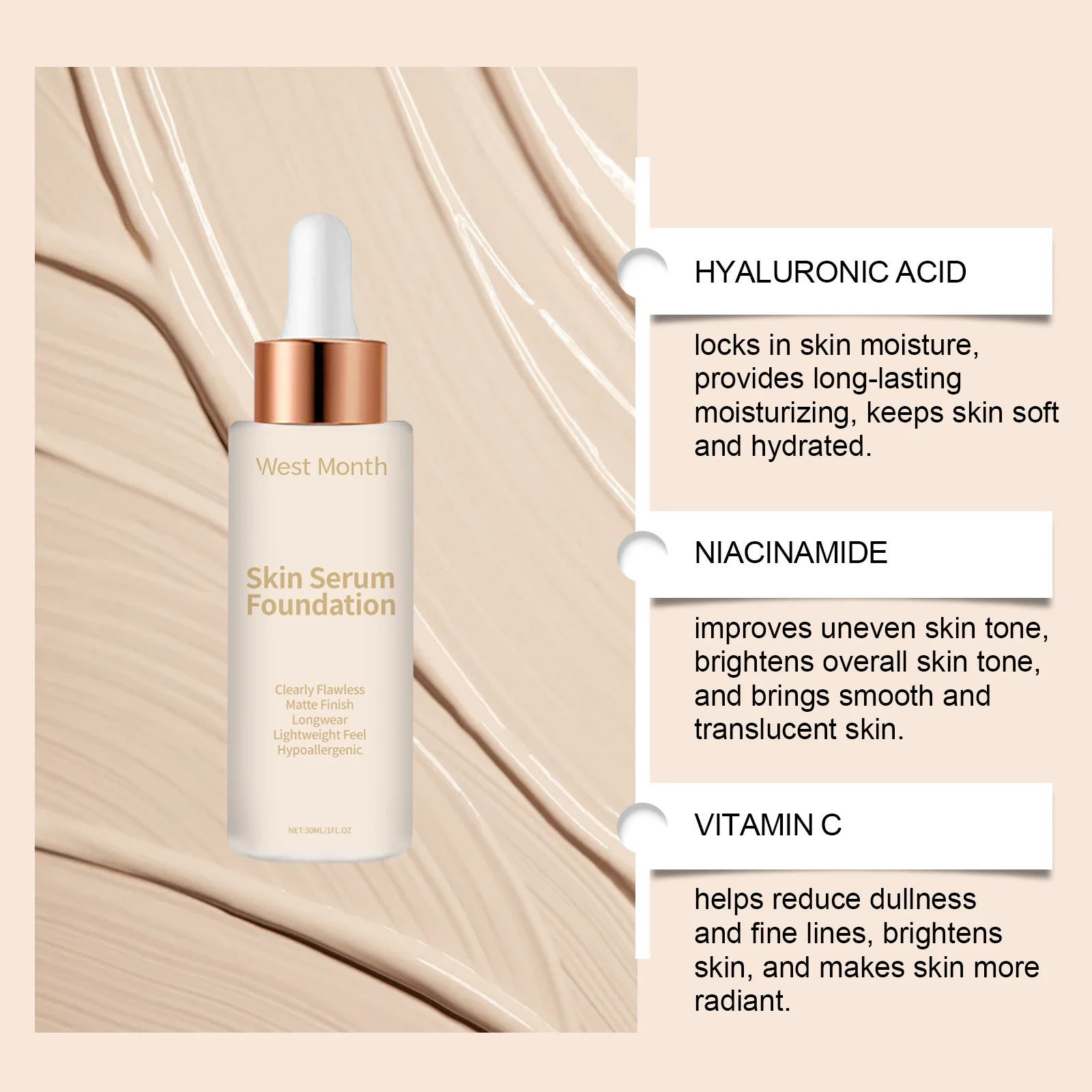 West Month Skin Serum Foundation, Long-Lasting Matte Finish, Vitamin C, Moisturizing & Hypoallergenic 8 skin serum foundation wes v6r5k8ym desc 8