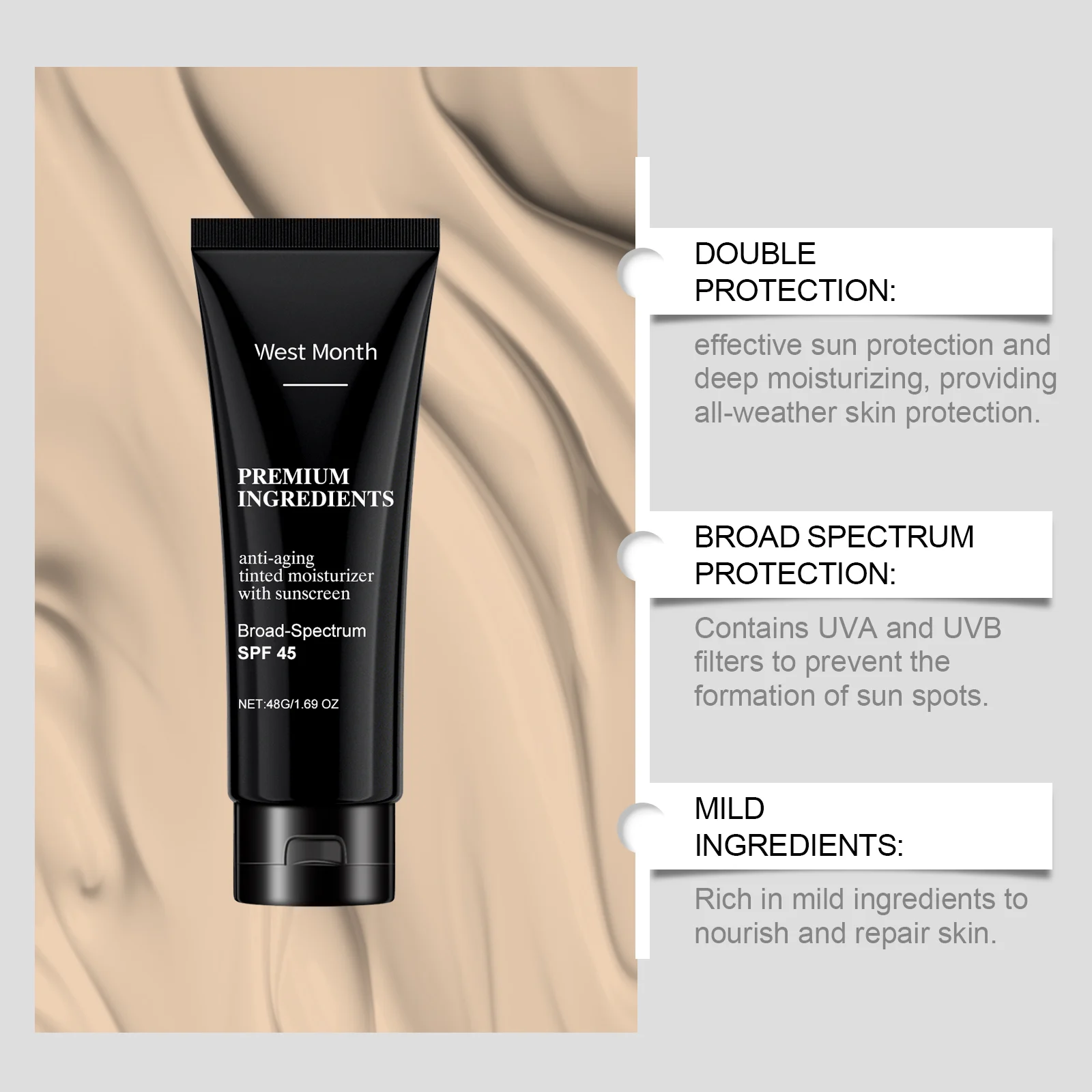 SPF 45 Tinted Moisturizer with Sunscreen, Anti-Aging, Broad Spectrum Protection, 48g 5 spf 45 tinted moisturizer sunscreen anti aging 48g wes 62gk4jfz desc 5