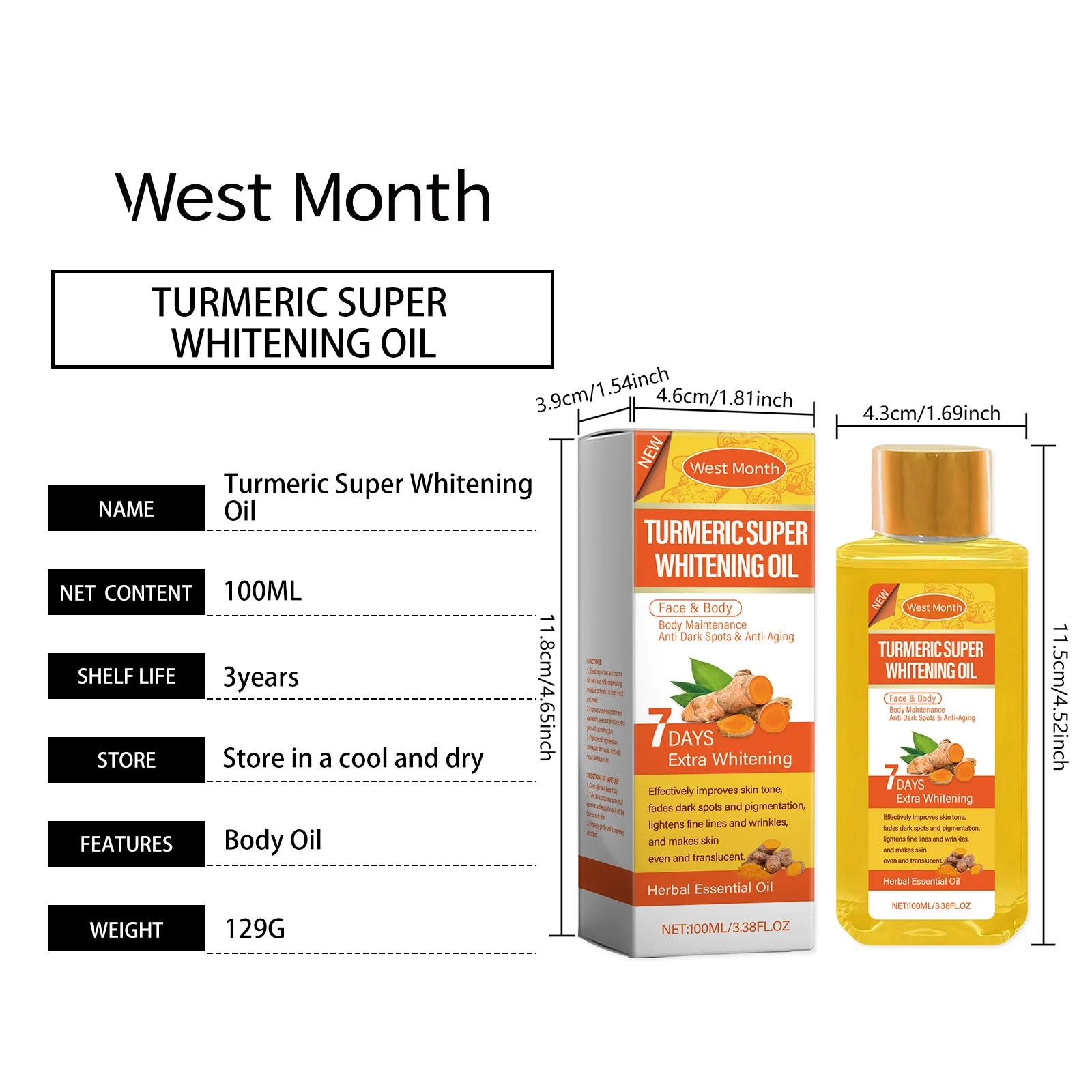 Turmeric Body Brightening Oil 100ml Daily Moisturizer for Face & Body, Vitamin C & Hyaluronic Acid, Fades Dark Spots 1 turmeric body brightening oil 100ml wes 6na2ksjv desc 1
