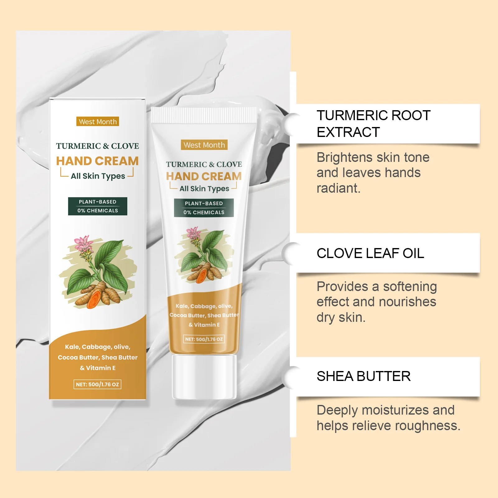 Turmeric Clove Hand Cream 50g Deeply Moisturizing & Brightening for Dry Hands 6 turmeric clove hand cream 50g deep moisturizing wes rk7fvqm5 desc 6
