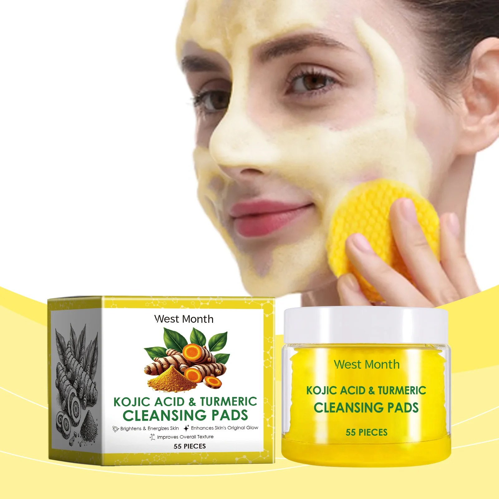 West Month Turmeric & Kojic Acid Cleansing Pads - Brighten, Cleanse, and Energize Skin 2 turmeric kojic acid cleansing pads wes adf546r7 desc 2