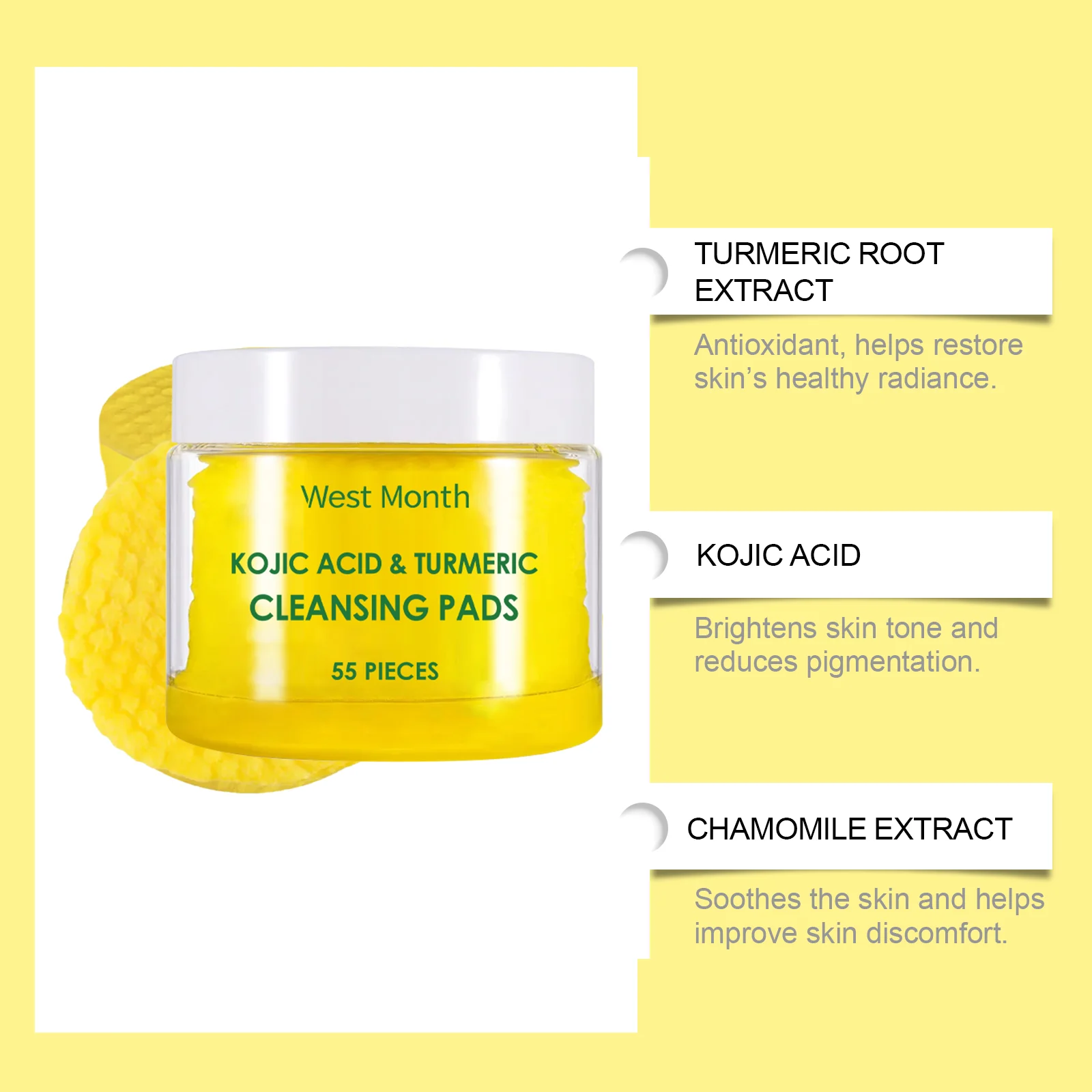 West Month Turmeric & Kojic Acid Cleansing Pads - Brighten, Cleanse, and Energize Skin 5 turmeric kojic acid cleansing pads wes adf546r7 desc 5