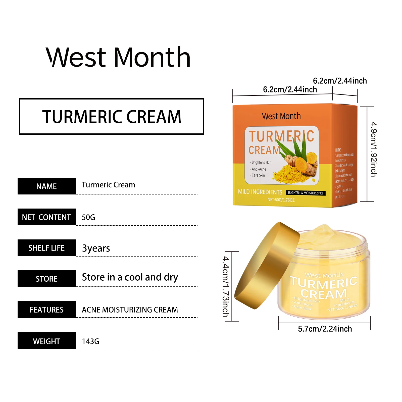 Turmeric Moisturizing Cream Brightens Skin, Reduces Acne & Hydrates 50g 1 turmeric moisturizing cream brightens skin reduces acne hydrates 50g wes fg3383j8 desc 1
