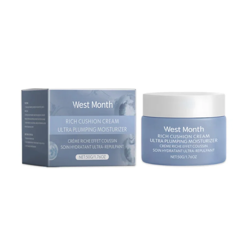 ultra-plumping-moisturizer-rich-cushion-cream-50g-wes-wrscw52t-1 West Month Ultra Plumping Moisturizer Rich Cushion Cream in a 50g jar, featuring soothing aloe vera and nourishing sweet almond oil for deep hydration.