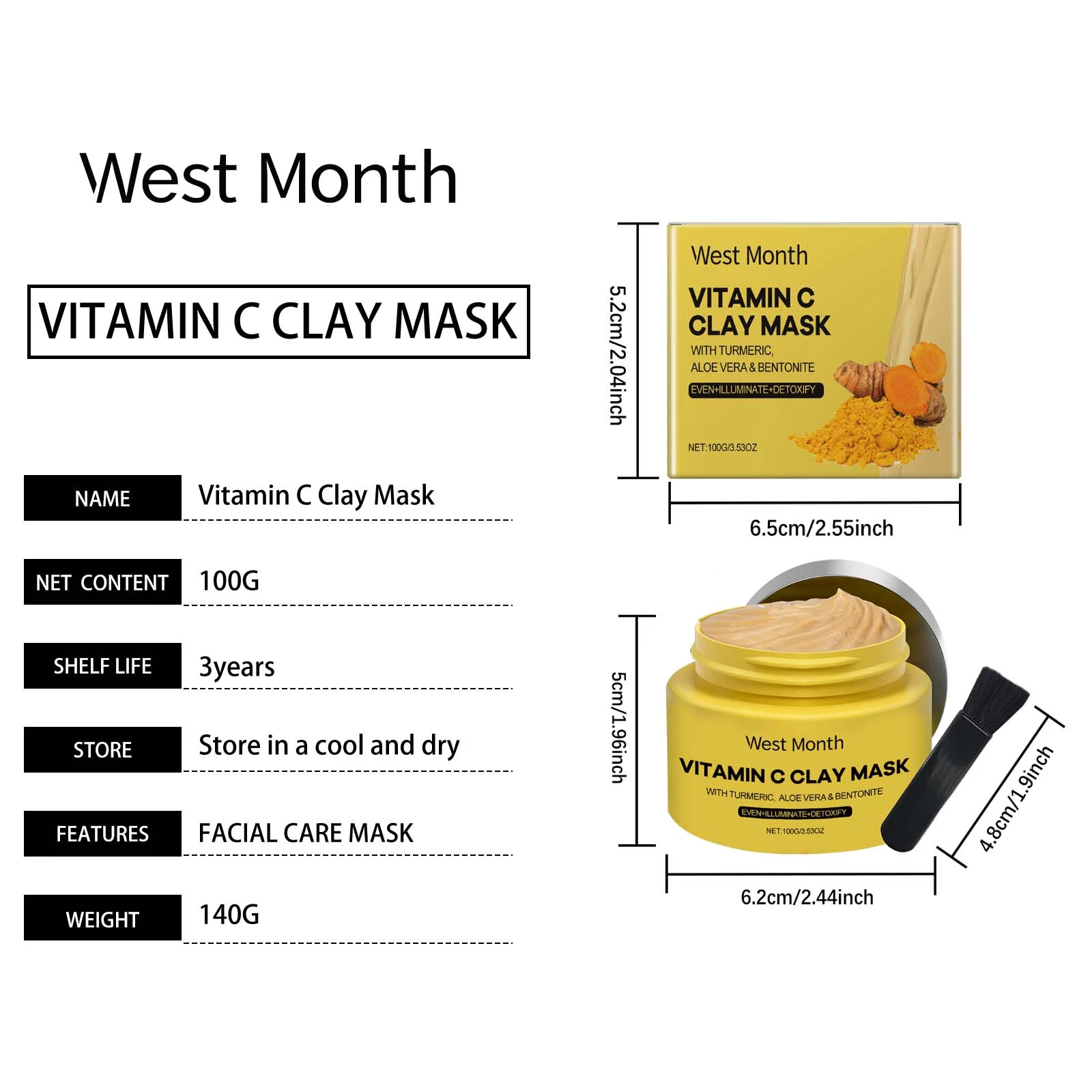 Vitamin C Clay Mask with Turmeric & Aloe Vera 100g - Deep Cleansing, Brightening & Hydrating Face Mask 1 vitamin c clay mask with turmeric aloe vera 100g wes 2kwragua desc 1
