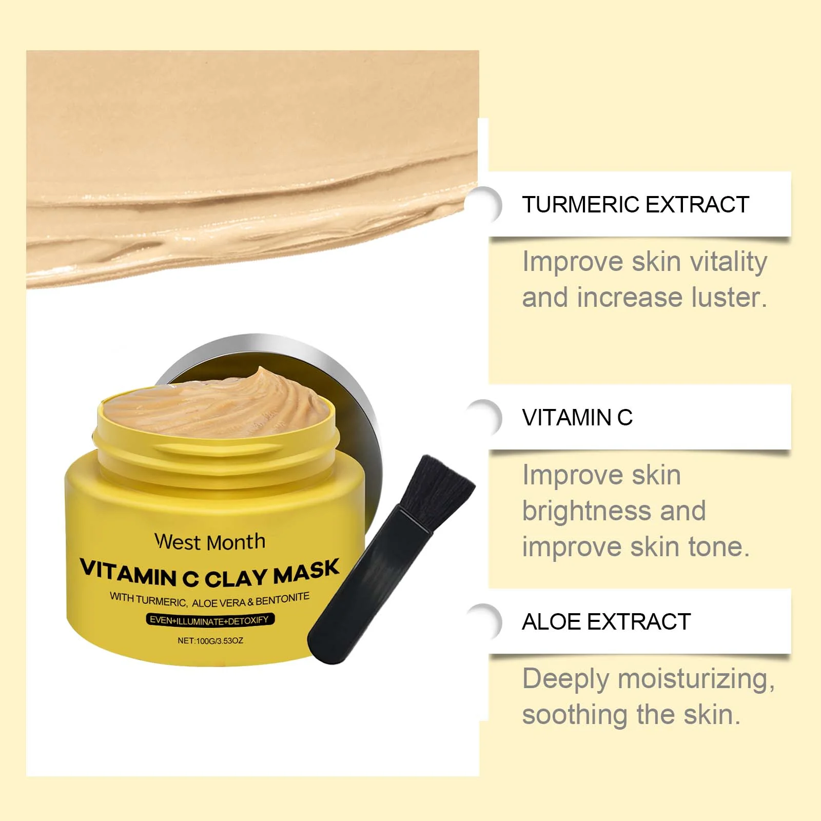 Vitamin C Clay Mask with Turmeric & Aloe Vera 100g - Deep Cleansing, Brightening & Hydrating Face Mask 5 vitamin c clay mask with turmeric aloe vera 100g wes 2kwragua desc 5