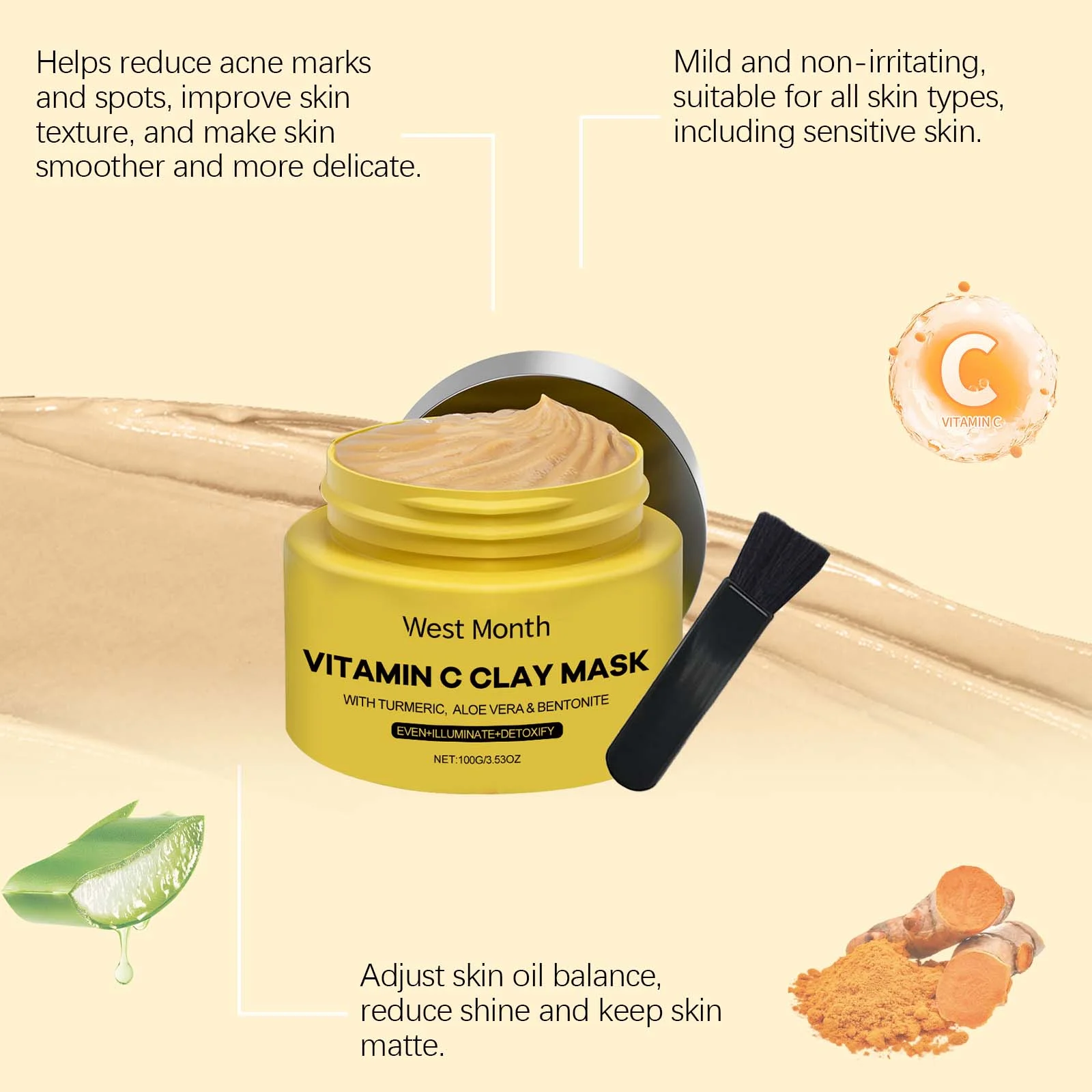 Vitamin C Clay Mask with Turmeric & Aloe Vera 100g - Deep Cleansing, Brightening & Hydrating Face Mask 6 vitamin c clay mask with turmeric aloe vera 100g wes 2kwragua desc 6