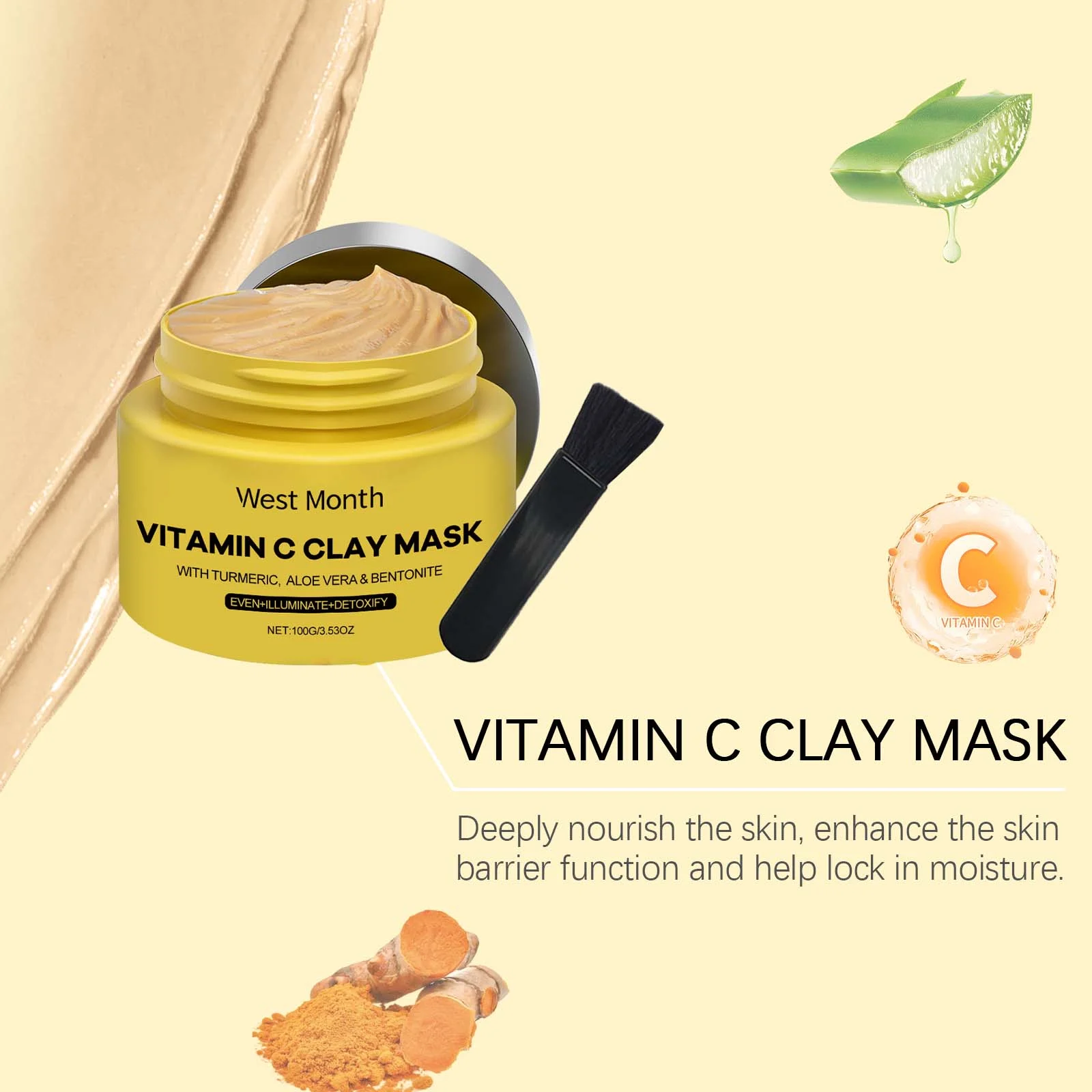 Vitamin C Clay Mask with Turmeric & Aloe Vera 100g - Deep Cleansing, Brightening & Hydrating Face Mask 7 vitamin c clay mask with turmeric aloe vera 100g wes 2kwragua desc 7