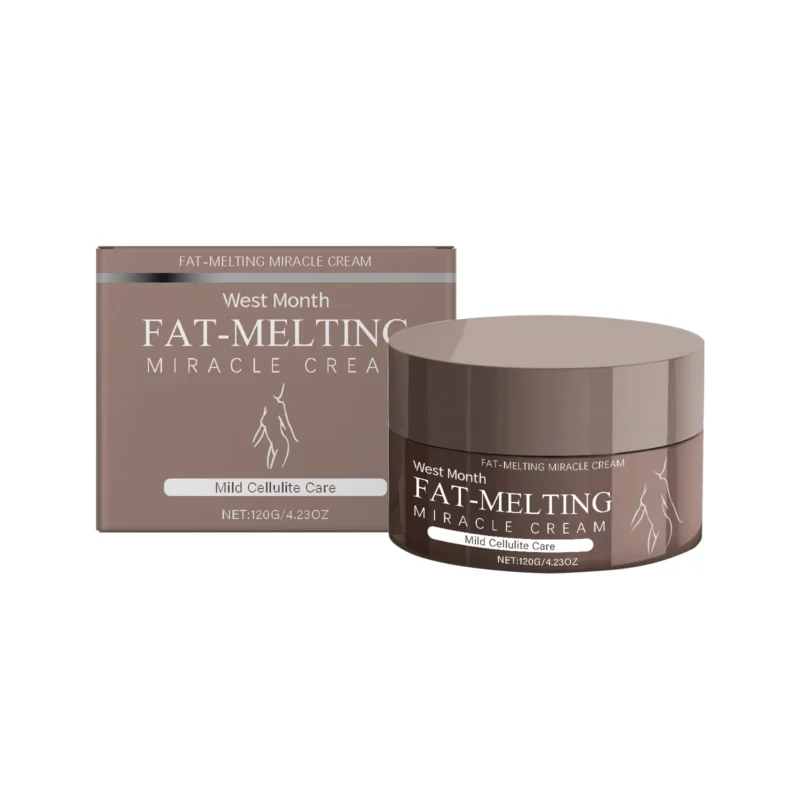 West Month Body Contouring Cream in white and green packaging, shown with a diagram highlighting key ingredients like coffee and ginseng for firming skin.