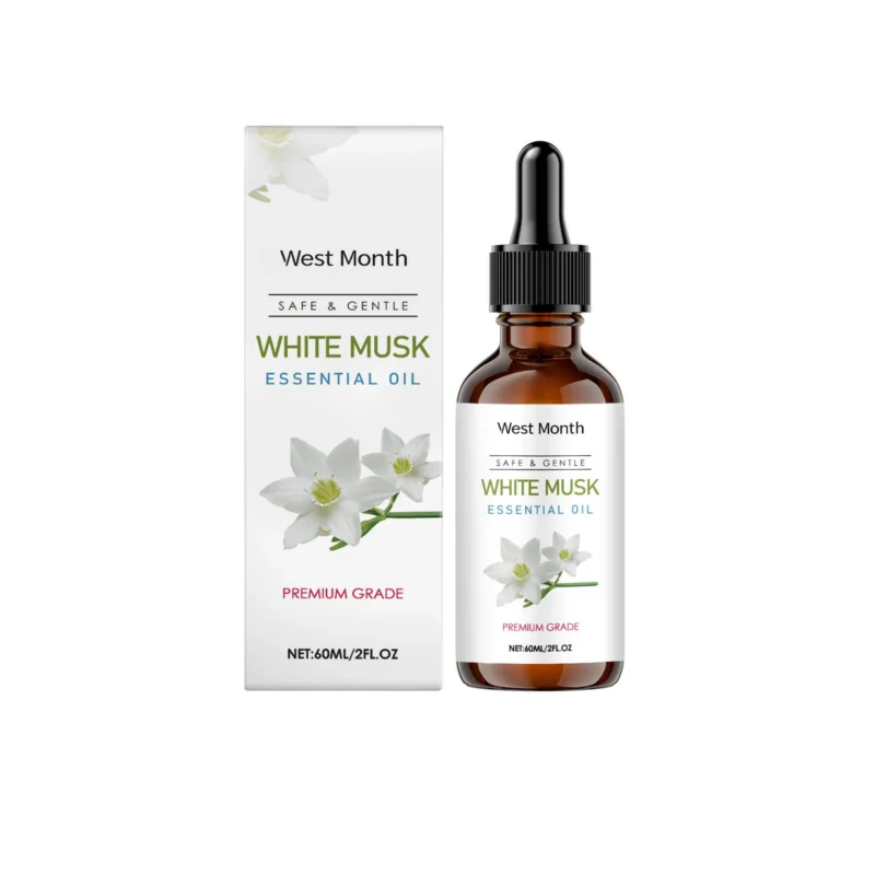 West Month White Musk Essential Oil in a 60ml bottle for skin hydration, hair care, and aromatherapy diffusion.