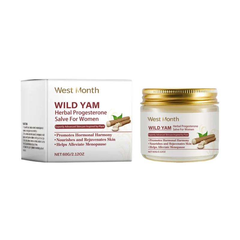 West Month Wild Yam Progesterone Salve 60g for relieving menstrual and menopausal discomfort, packaged in a 5x5cm jar.