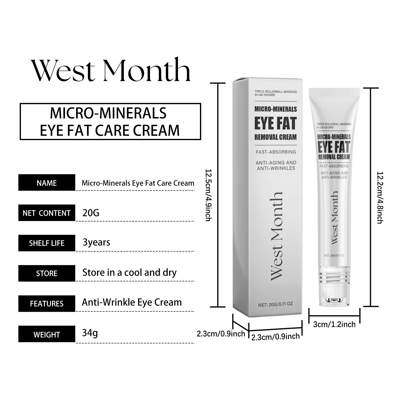 West Month Anti-Wrinkle Eye Fat Care Cream with Triple Rollerball Massage, Micro-Minerals 1 anti wrinkle eye fat care cream wes 45rvxc4e desc 1