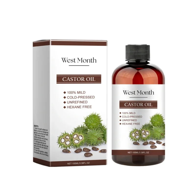 West Month's 100% pure, cold-pressed Castor Oil for promoting hair growth and deeply moisturizing skin, eyelashes, and eyebrows.