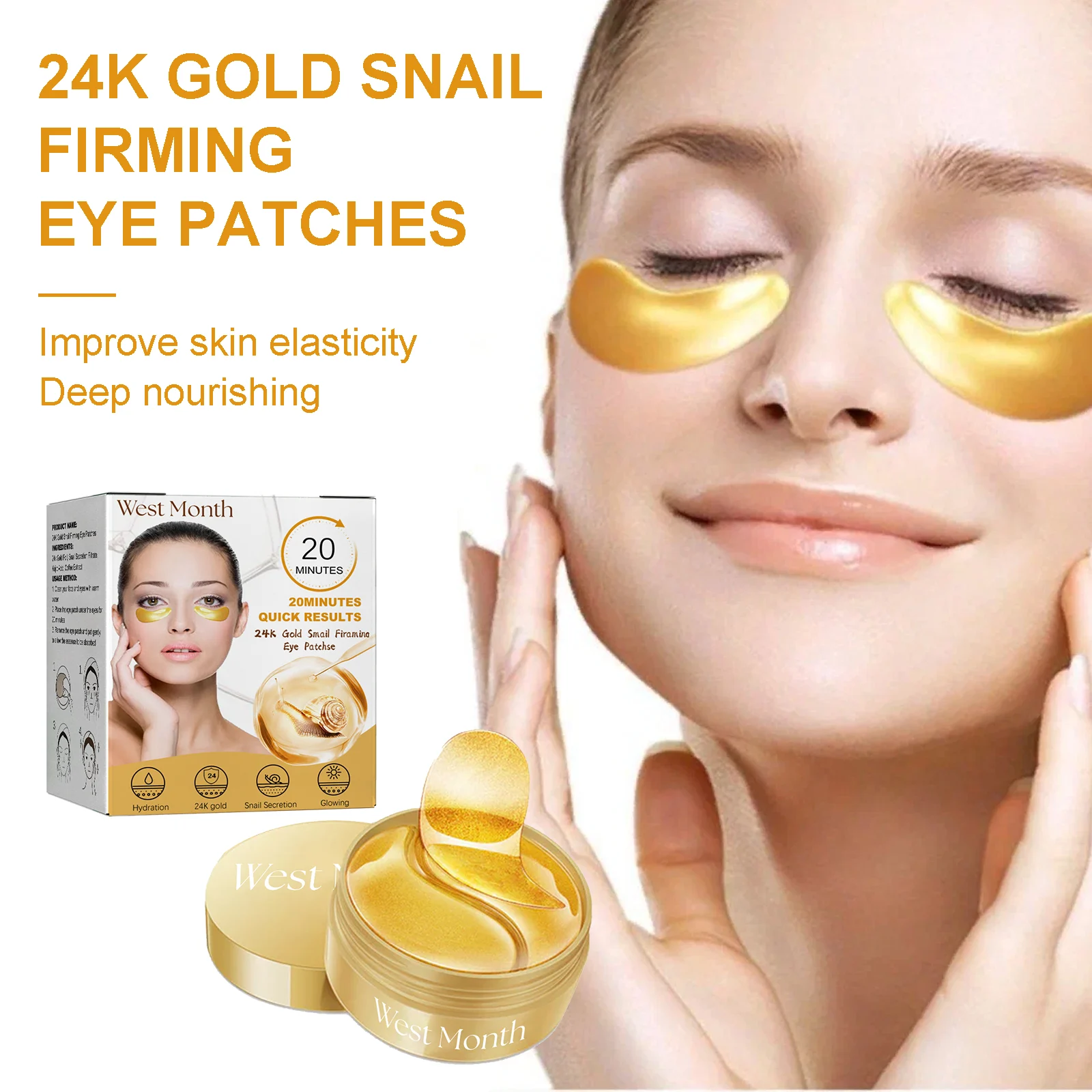 West Month 24K Gold Snail Firming Eye Patches for Hydration, Wrinkles & Dark Circles 2 gold snail firming eye patches wes mabhs39x desc 2