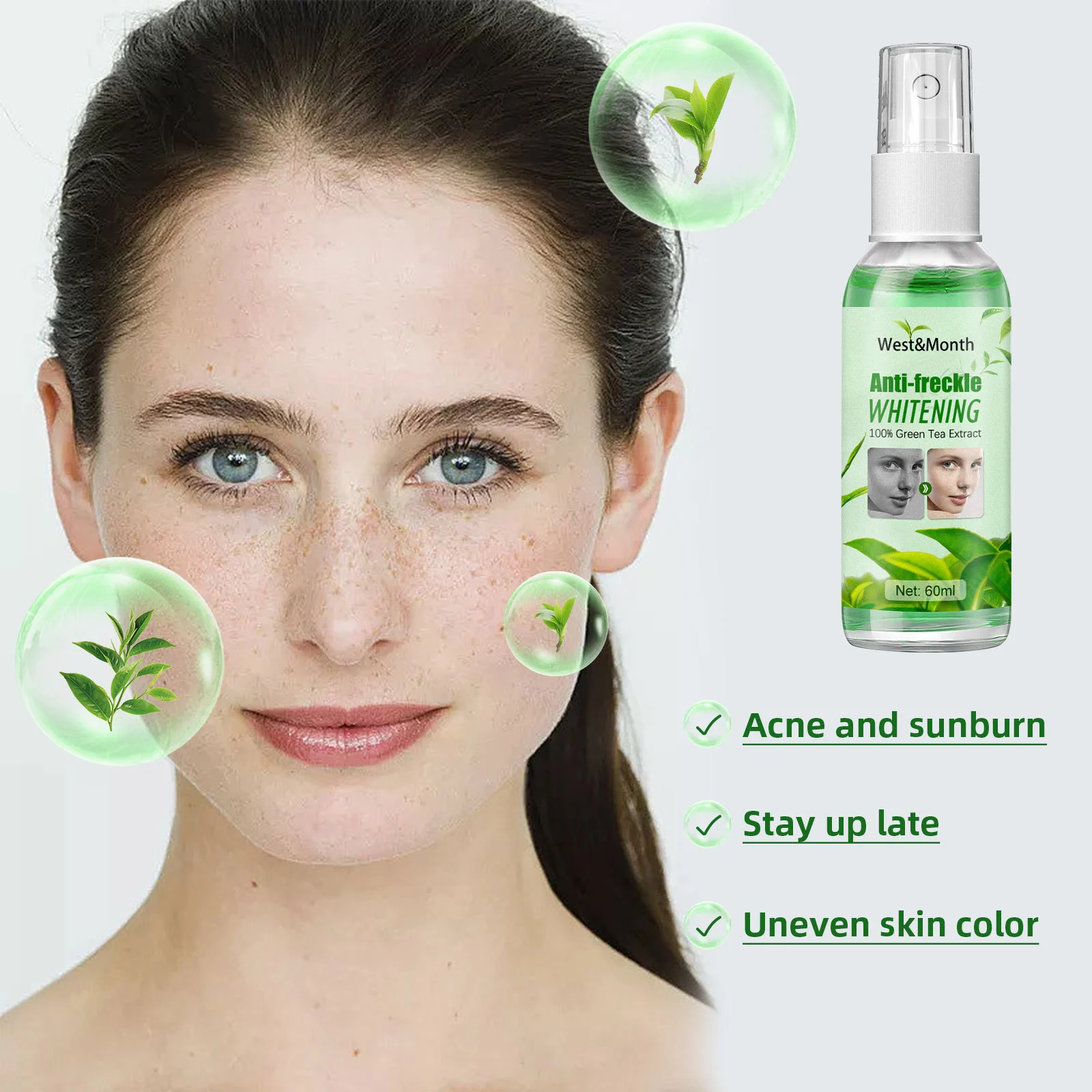 West Month Green Tea Anti-Freckle Whitening Toner 60ml Brighten Skin Dark Spots 6 green tea anti freckle toner wes 8jb5bgjh desc 6