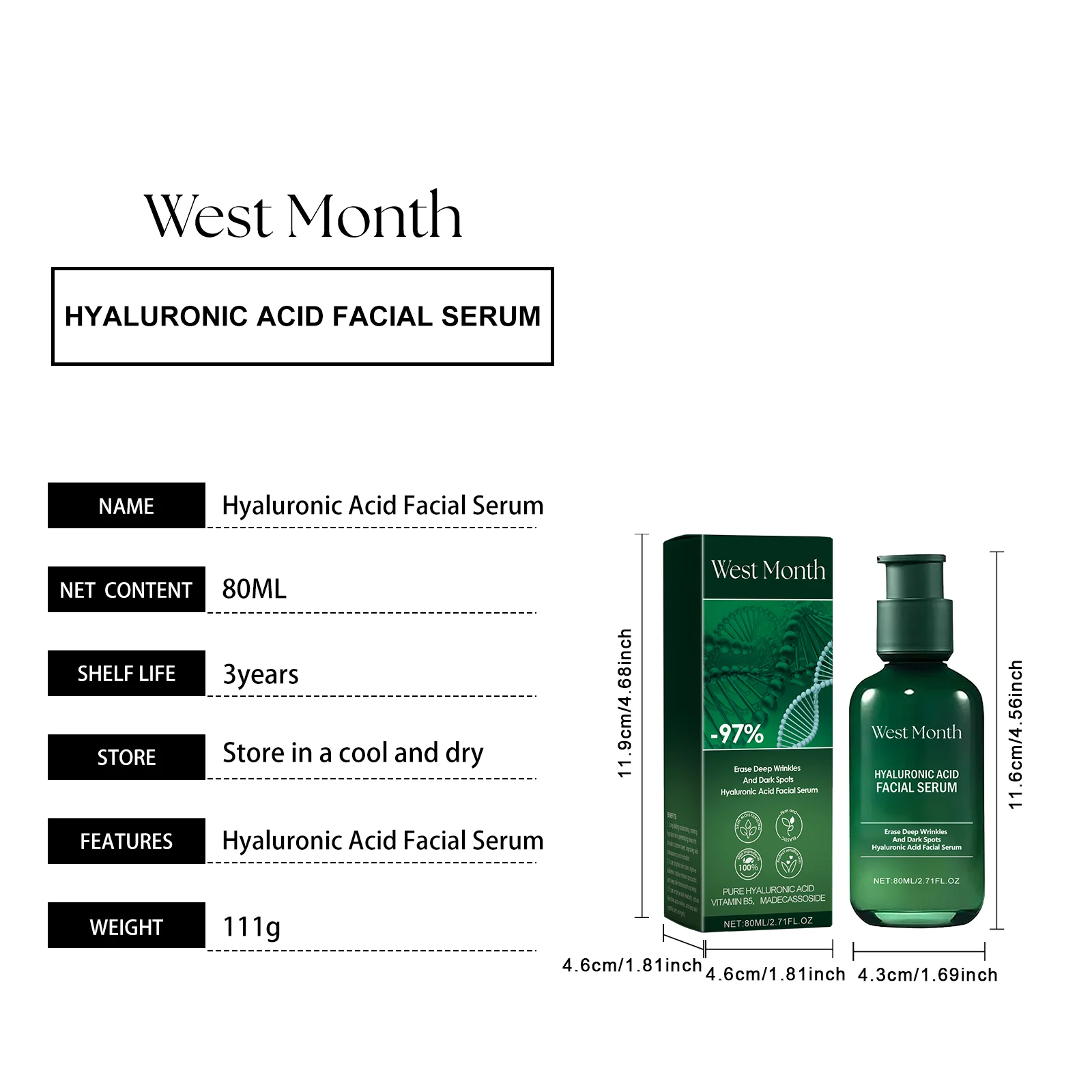 Hyaluronic Acid Facial Serum 80ml Deep Hydration Anti-Wrinkle Brightening Skin Care 1 hyaluronic acid facial serum 80ml wes 22je5n8u desc 1
