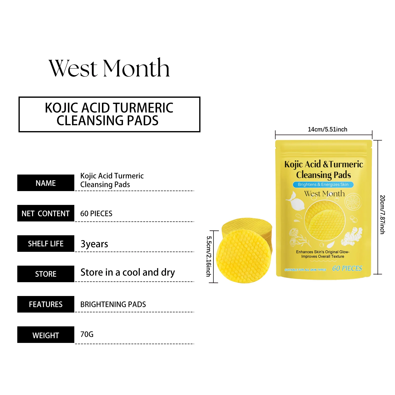Kojic Acid Turmeric Cleansing Pads 60 Pieces Brightening Gentle Exfoliating 1 kojic acid turmeric cleansing pads 60 pieces wes ccfq5nu6 desc 1