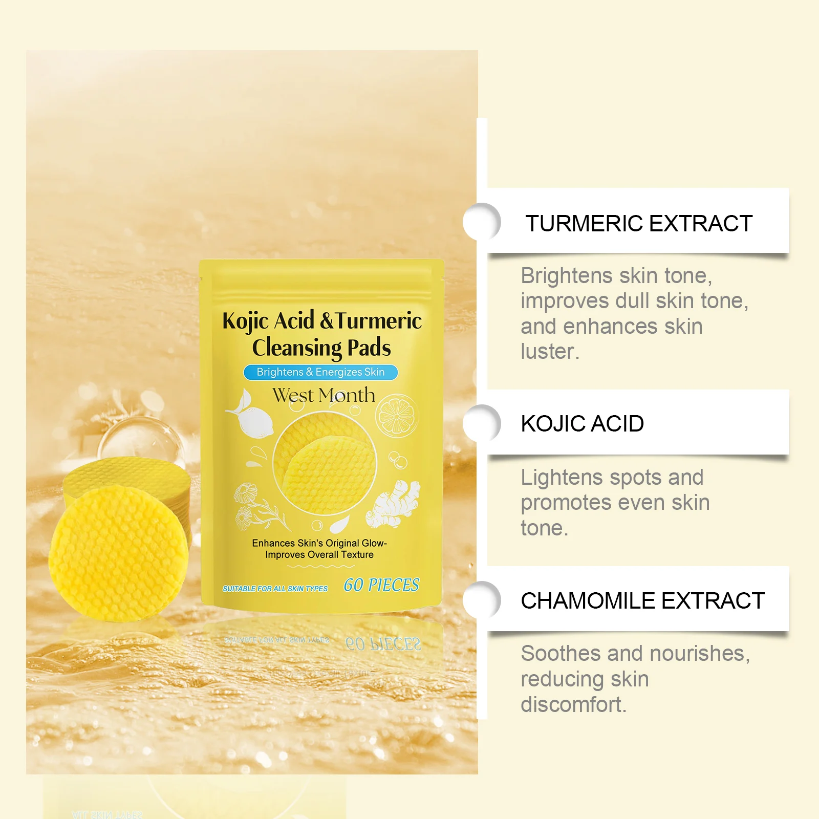 Kojic Acid Turmeric Cleansing Pads 60 Pieces Brightening Gentle Exfoliating 5 kojic acid turmeric cleansing pads 60 pieces wes ccfq5nu6 desc 5