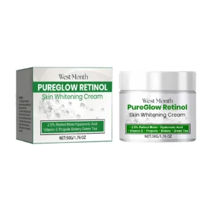 West Month Retinol Skin Brightening Cream in a sleek white jar, featuring key ingredients like Hyaluronic Acid, Vitamin E, and Propolis for glowing skin.