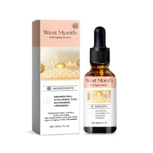 West Month Anti-Aging Face Serum with Resveratrol and Hyaluronic Acid to reduce wrinkles and improve skin elasticity in a 30ml bottle.