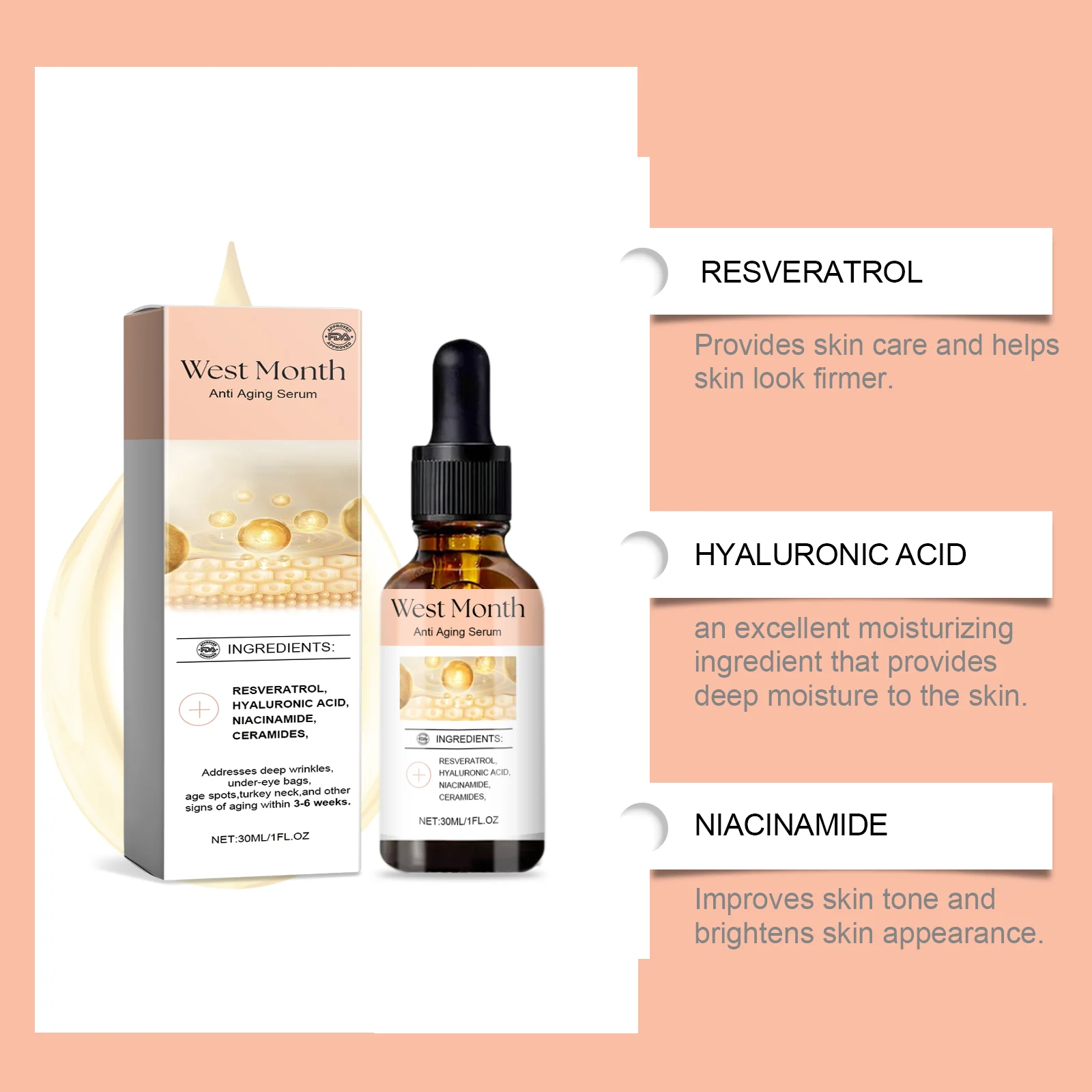 Anti Aging Serum Face Serum with Resveratrol & Hyaluronic Acid 30ml for Elasticity & Hydration 5 west month anti aging face serum resveratrol hyaluronic acid 30ml wes 79e8nhrs desc 5
